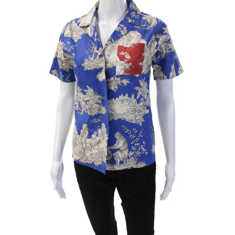 Muze Womens Collared Graphic Cotton Button Up Top Blue Short Sleeve Size M